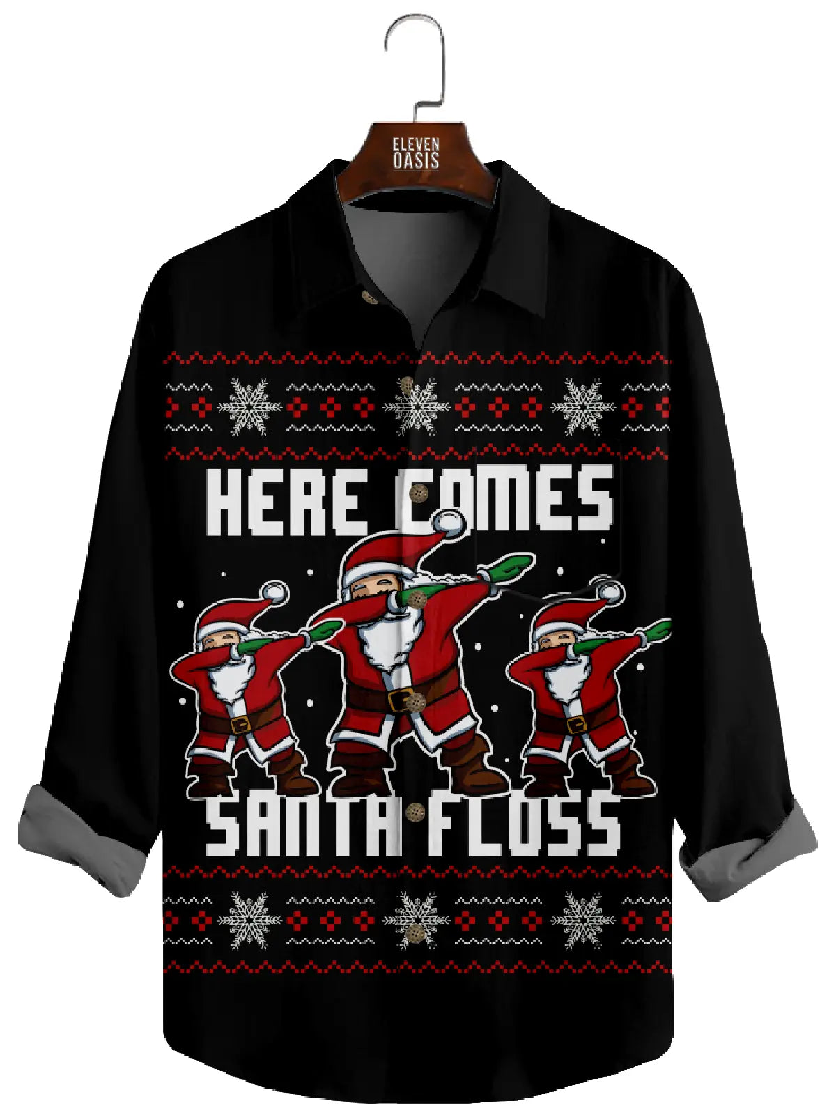 Men's Christmas Santa Floss Black Long Sleeve Shirt Eleven Oasis