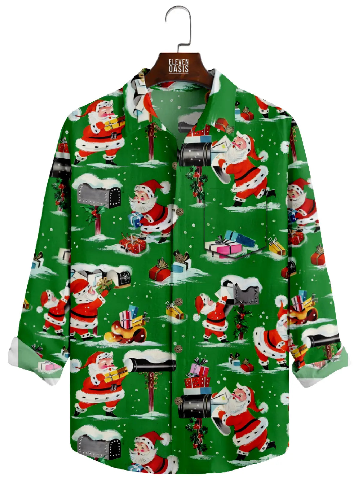 Men's Santa Sending Presents to Mailbox Long Sleeve Shirt Eleven Oasis