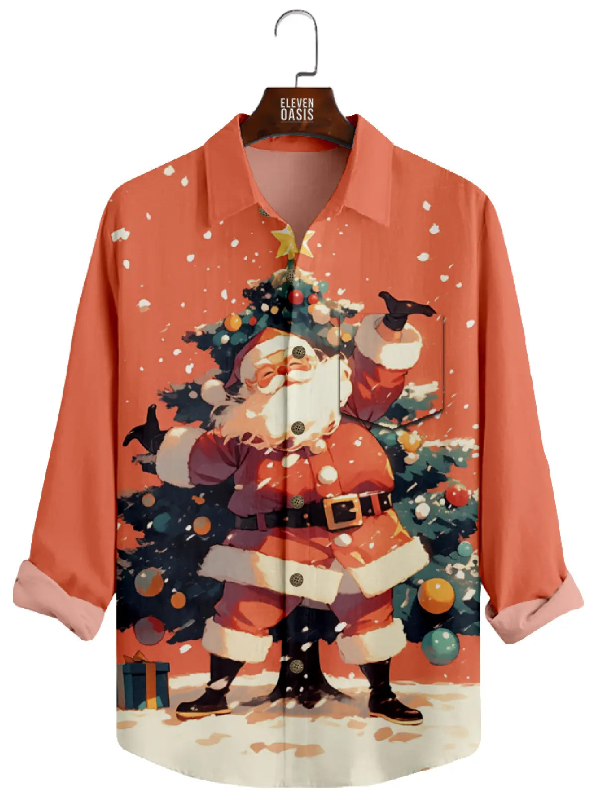 Men's Christmas Cartoon Santa Claus Red Long Sleeve Shirt Eleven Oasis
