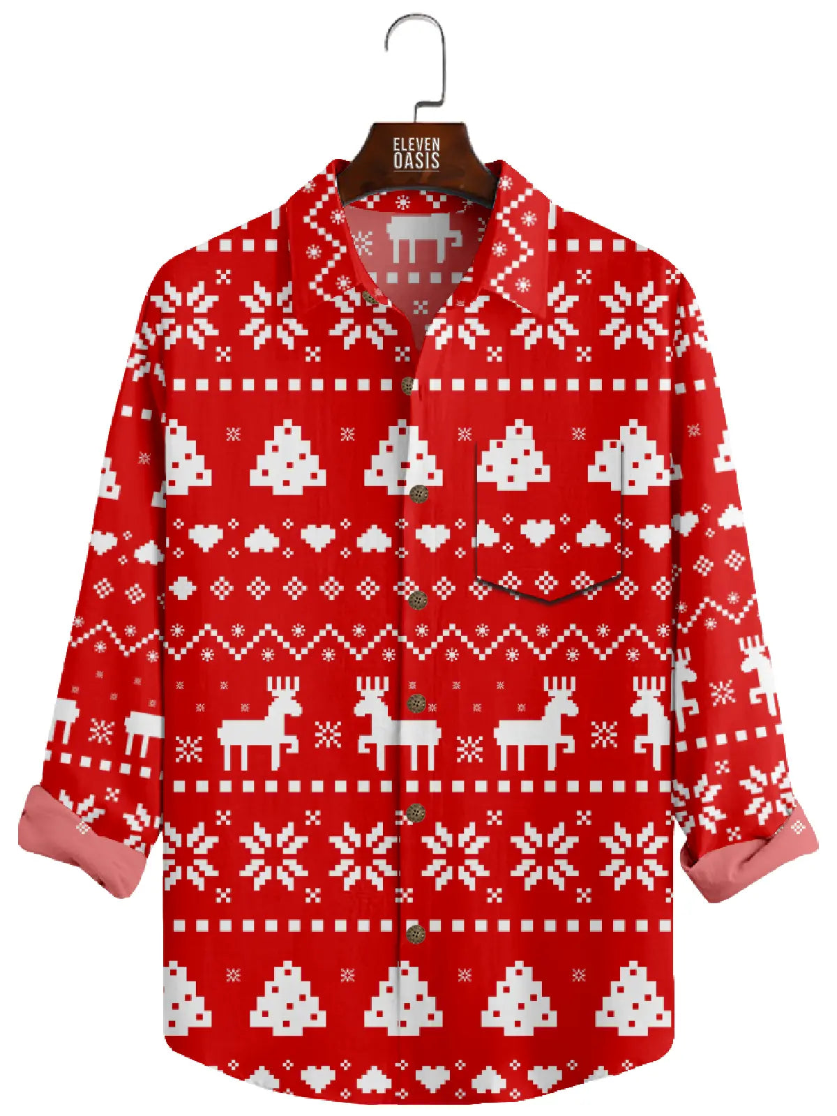 Men's Christmas Pixel Style Red Long Sleeve Shirt Eleven Oasis