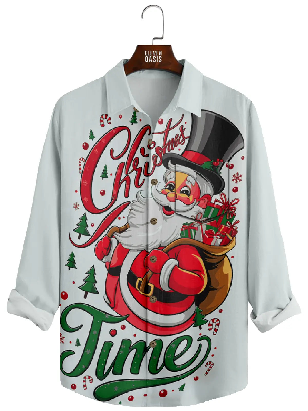 Men's Christmas Time Santa with Hat Long Sleeve Shirt Eleven Oasis