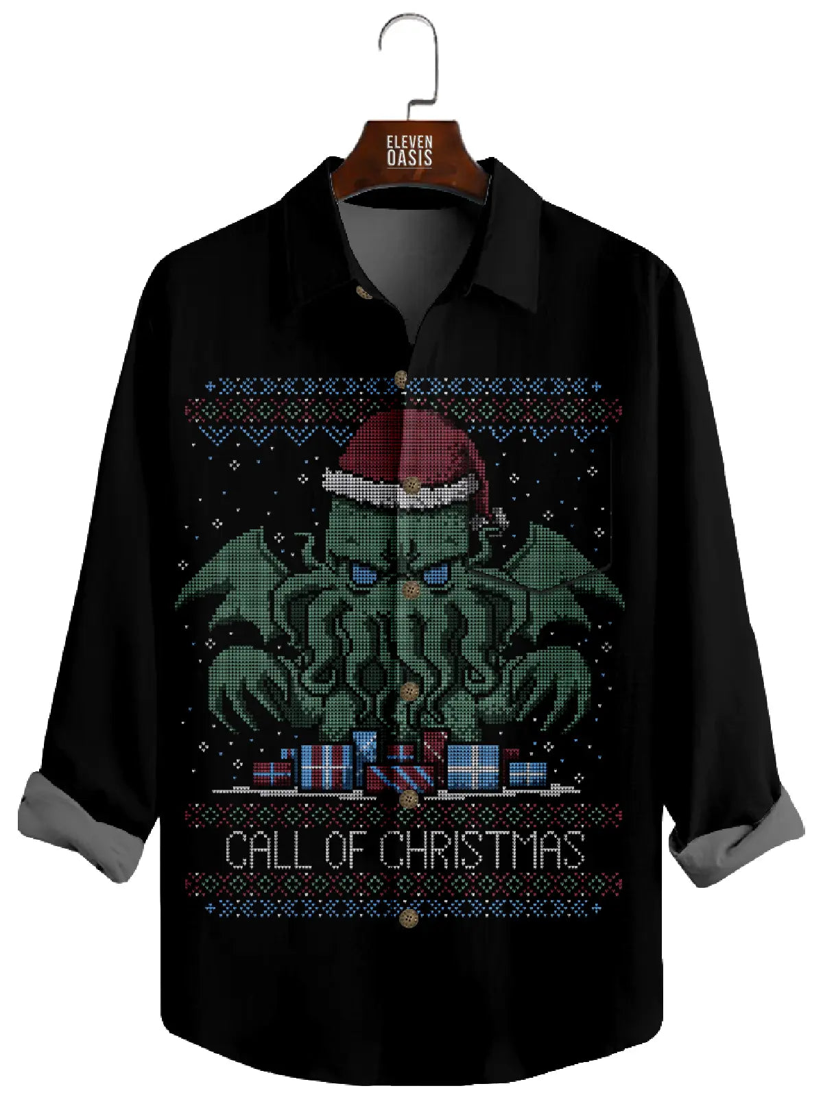Men's Call of Christmas Pixel Black Long Sleeve Shirt Eleven Oasis