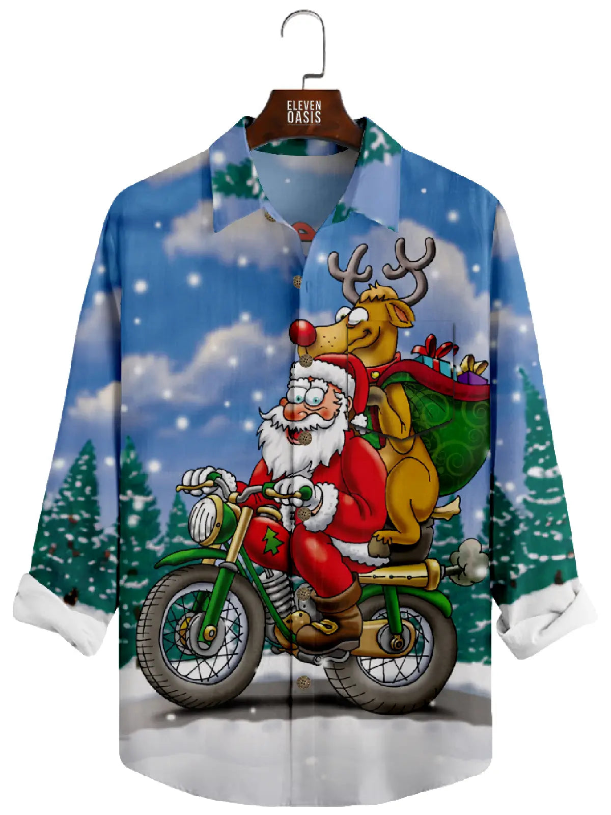 Men's Christmas Santa Riding Motorcycle Long Sleeve Shirt Eleven Oasis