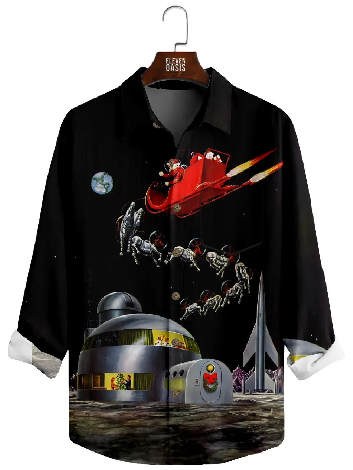 Men's Christmas Futuristic Santa in Space Long Sleeve Shirt Eleven Oasis