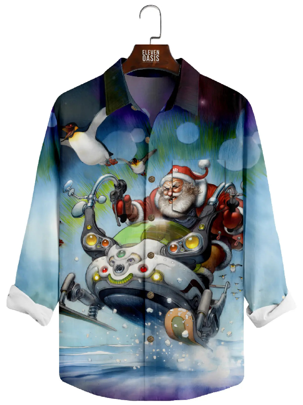 Men's Christmas Santa Chasing Penguin Long Sleeve Shirt Eleven Oasis