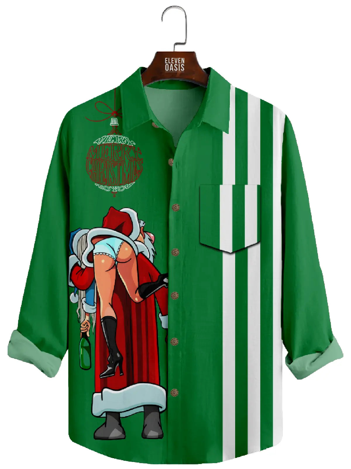 Men's Christmas Santa Carrying Green Long Sleeve Shirt Eleven Oasis