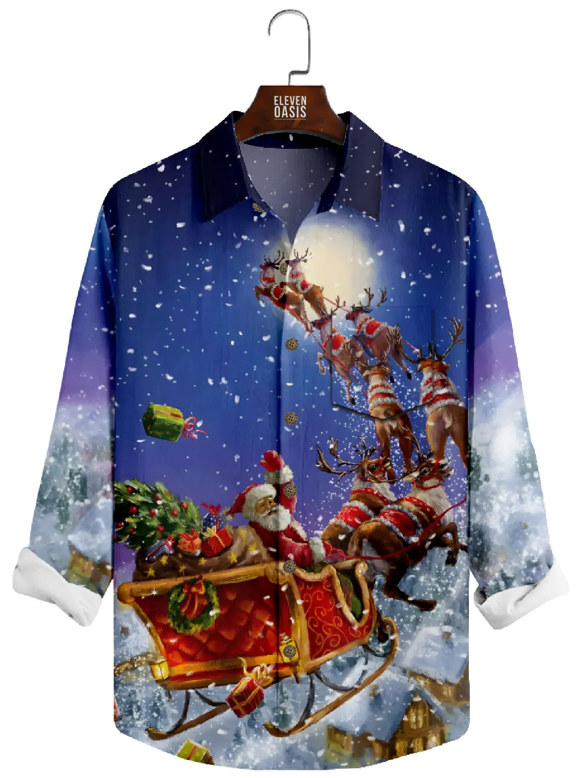 Men's Christmas Night Santa Sending Present Long Sleeve Shirt Eleven Oasis
