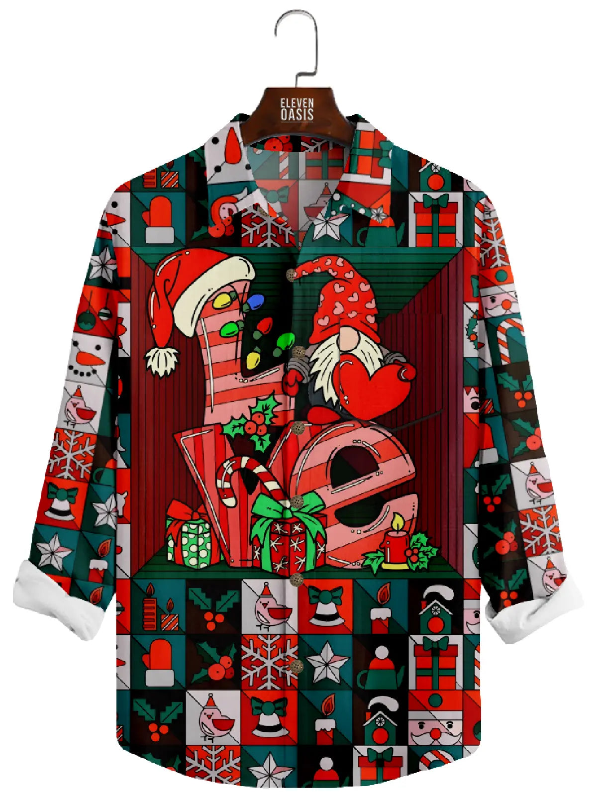 Men's Christmas Big Love Patchwork Long Sleeve Shirt Eleven Oasis