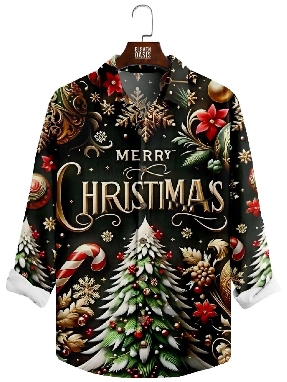 Men's Merry Christmas Black Base Long Sleeve Shirt Eleven Oasis