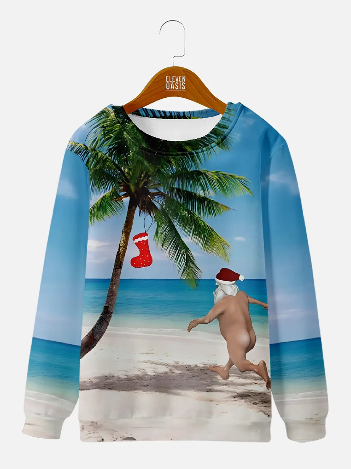 Naked Santa Running on the Beach to a Christmas Stocking Palm Tree Crew Sweatshirt Eleven Oasis