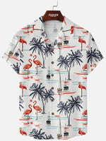 leven Oasis Men??s White Hawaiian Camp Collar Shirt Beach Flamingo Boat Print Vacation