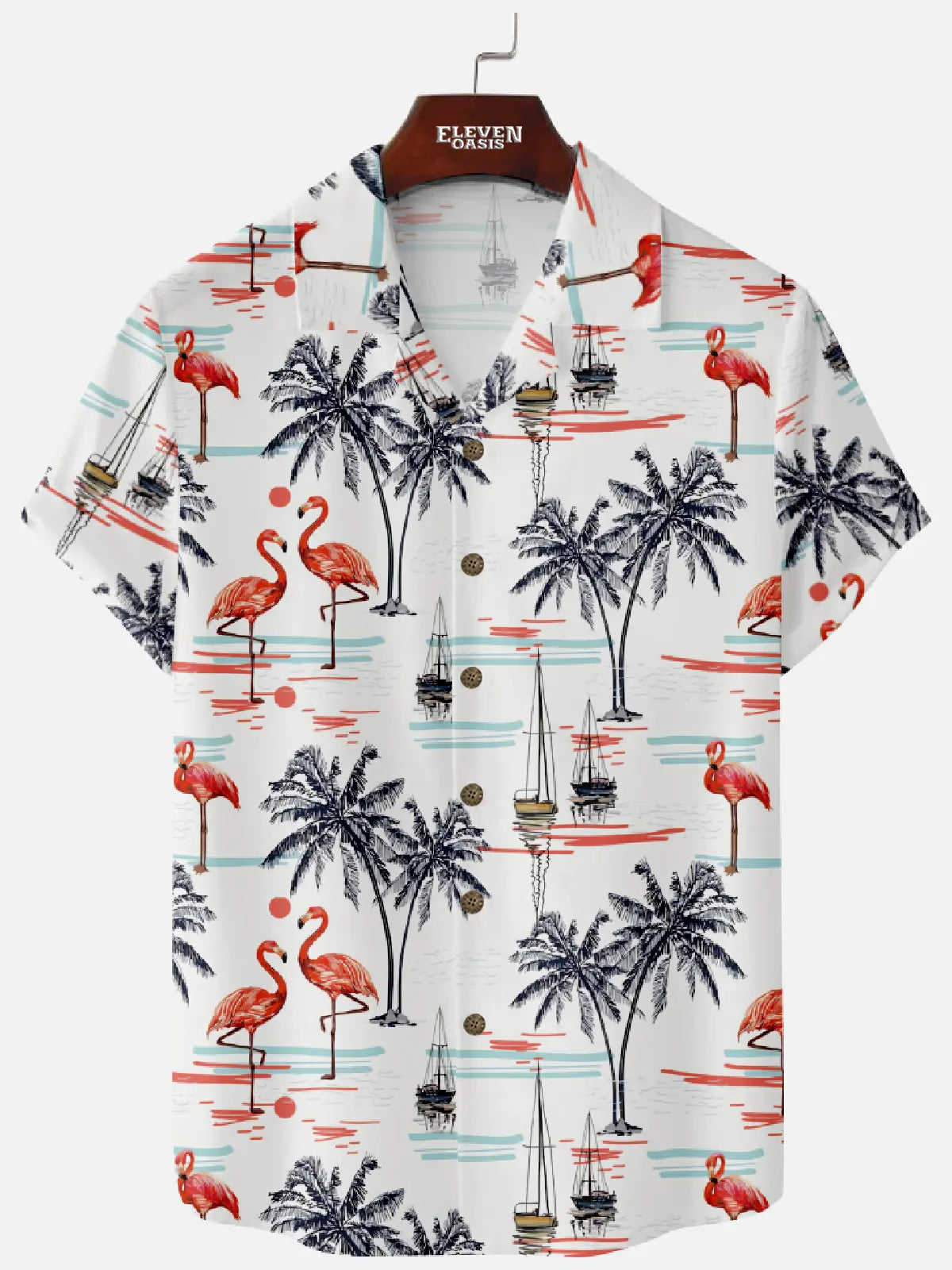 leven Oasis Men??s White Hawaiian Camp Collar Shirt Beach Flamingo Boat Print Vacation