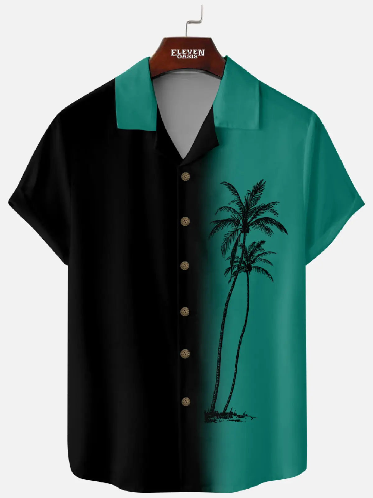 Eleven Oasis Men?¡¥s Black Peacock Green Gradient Cuban Collar Shirt Palm Tree Print Retro Vacation Design