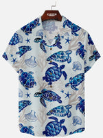 Eleven Oasis Men??¡ê¡ès Blue Red Turtle Print Camp Collar Shirt Oceanic Style Summer Casual Design