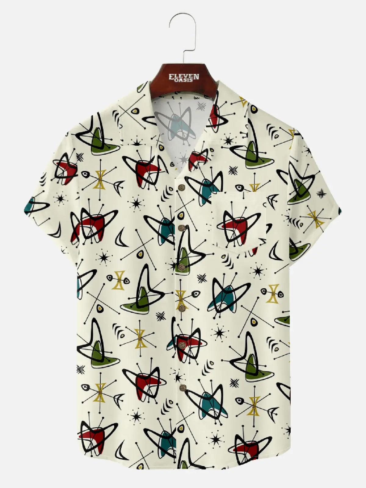 Men??s mid century modern art camp collar short sleeve shirt with irregular shape pattern