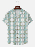 Men¡®s mid century art camp collar short sleeve shirt with oval geometry pattern