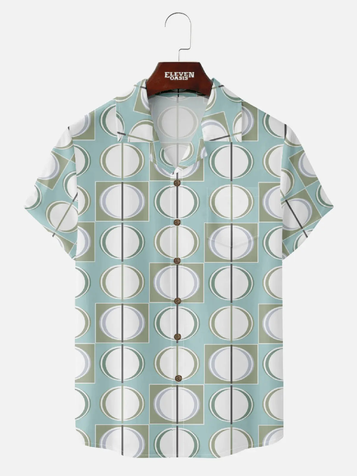 Men¡®s mid century art camp collar short sleeve shirt with oval geometry pattern