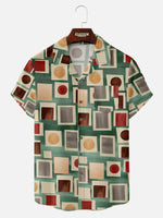 Men¡¯s mid century art camp collar short sleeve shirt with circle rectangle