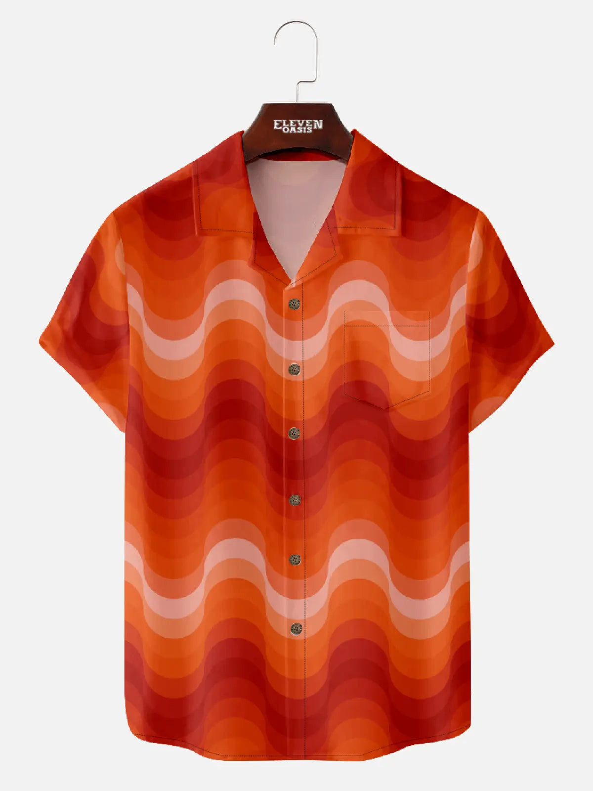 Men's Pop Art Camp Collar Short Sleeve Shirt - Modern Orange Gradient Wave Print Eleven Oasis