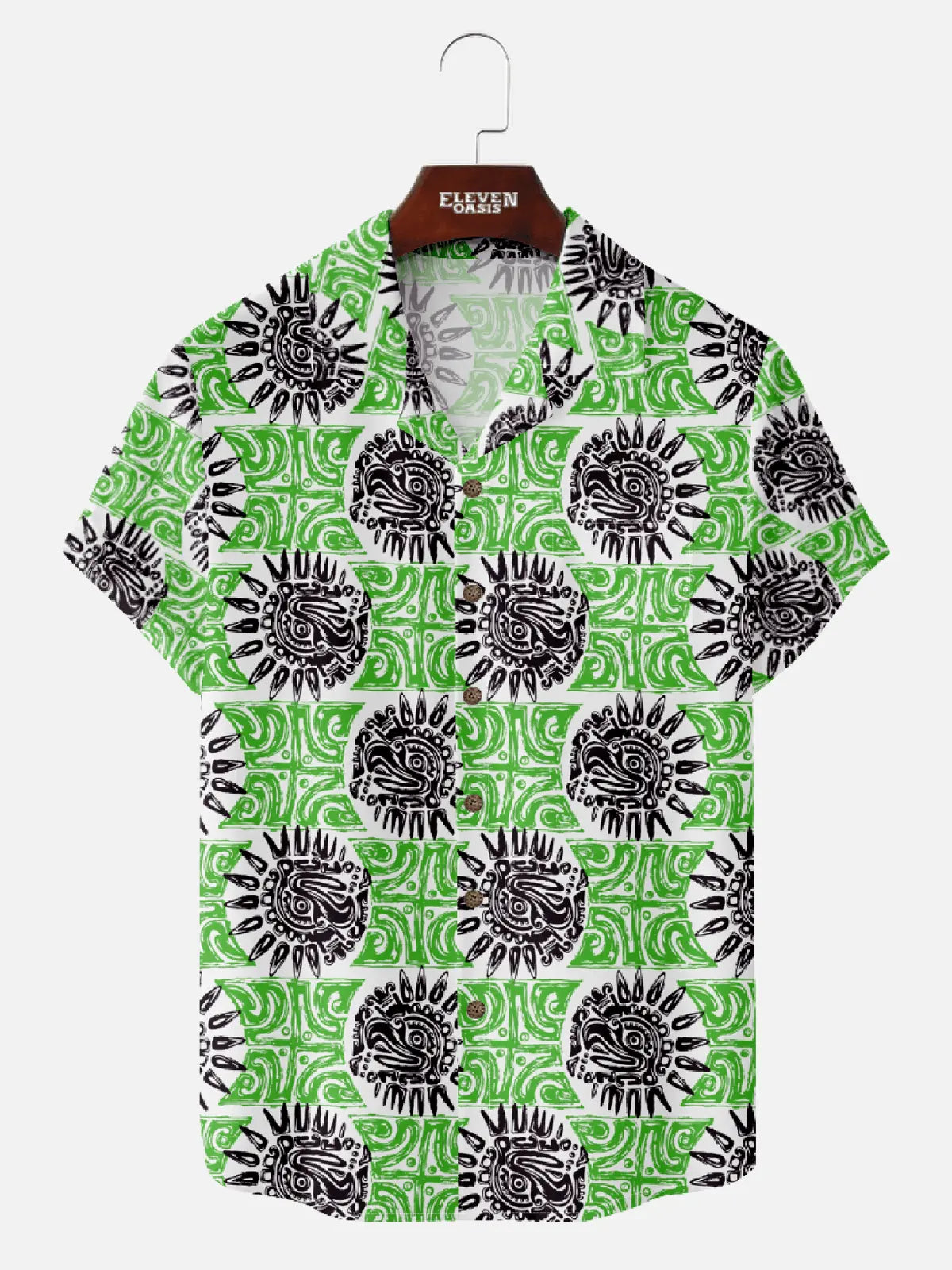Men's Tiki-Inspired Tribal Hawaiian Short Sleeve Shirt  - Cosmo Kramer Wardrobe Eleven Oasis