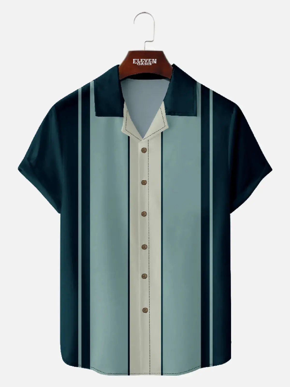 Tall Men's Classic Color-block Panel Stripe Camp Collar Short Sleeve Shirt Eleven Oasis