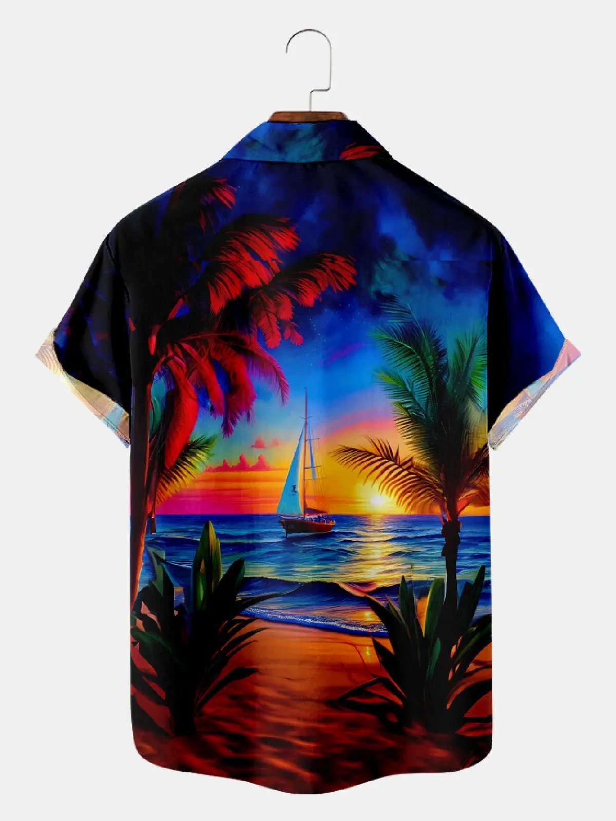 Men's Vibrant Sunset Beach Ocean Sand Vacation Short Sleeve Shirt ElevenOasis
