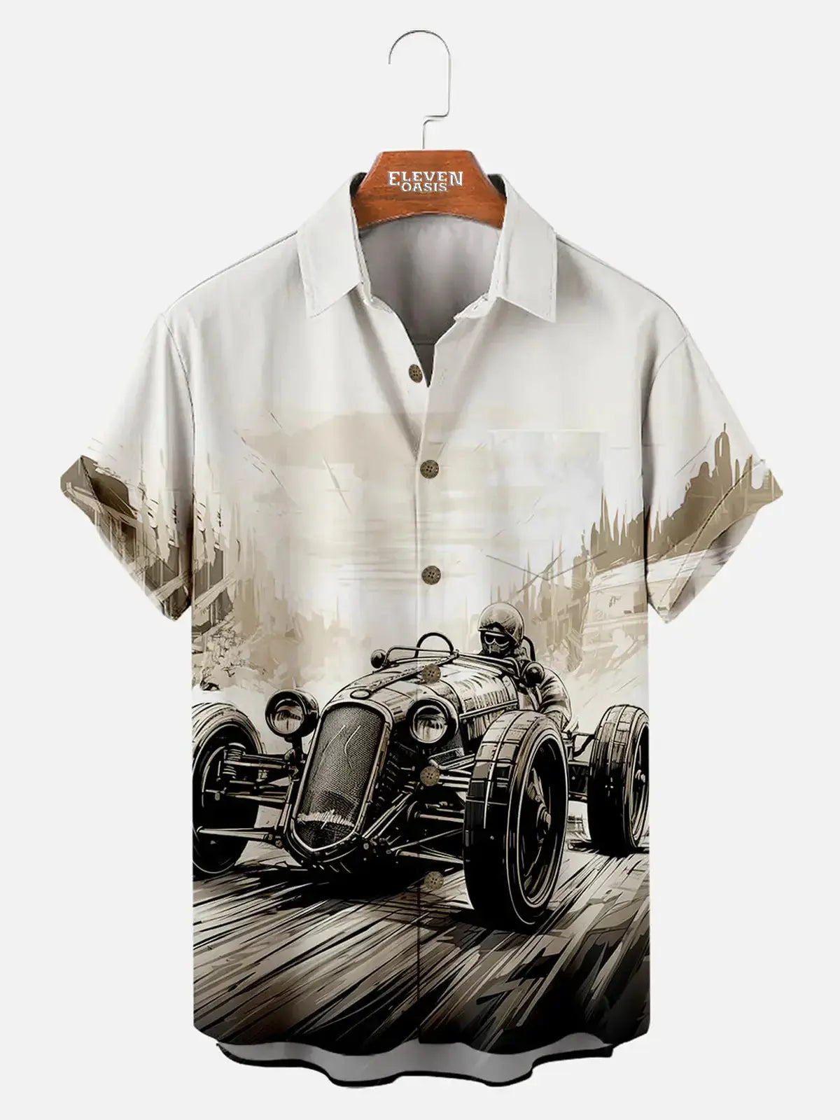Black and white sketch hand-painted mechanical modified car printing men's short-sleeved shirt ElevenOasis