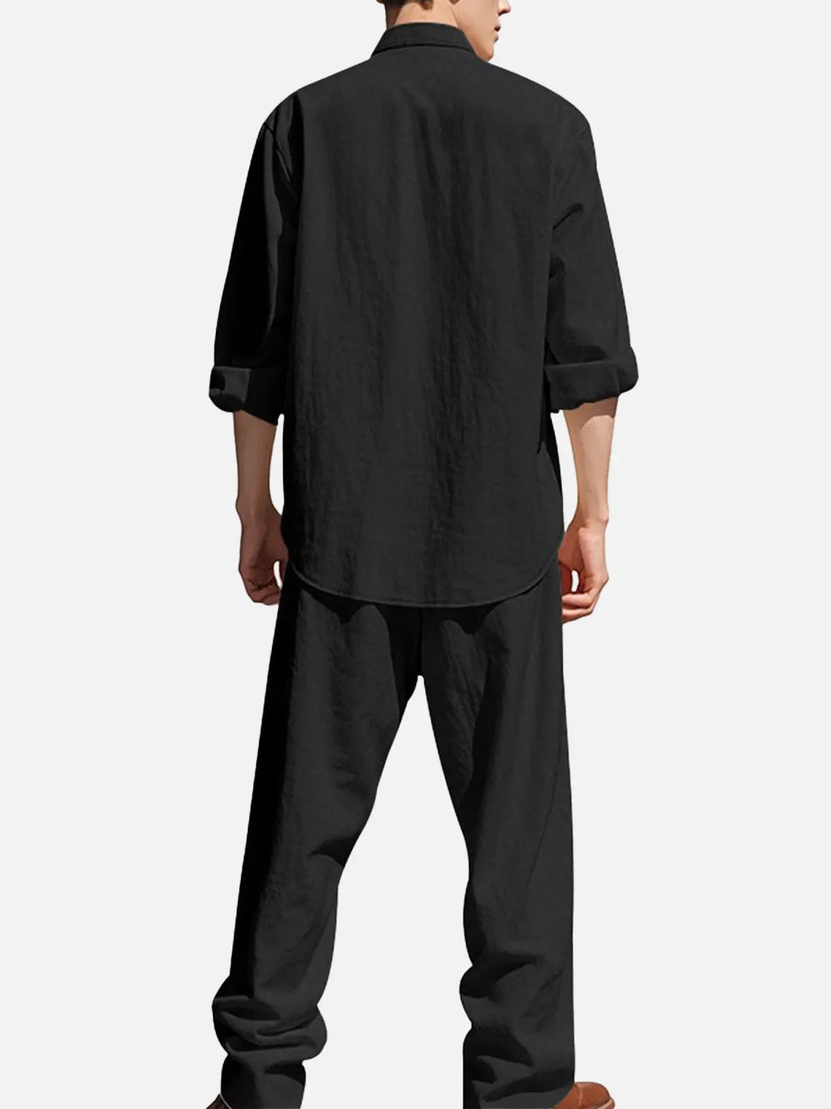 Men's Solid Color Linen Long Sleeve Elastic Waist Wide Leg Set Vacation Slow Living Linen Ensemble ElevenOasis
