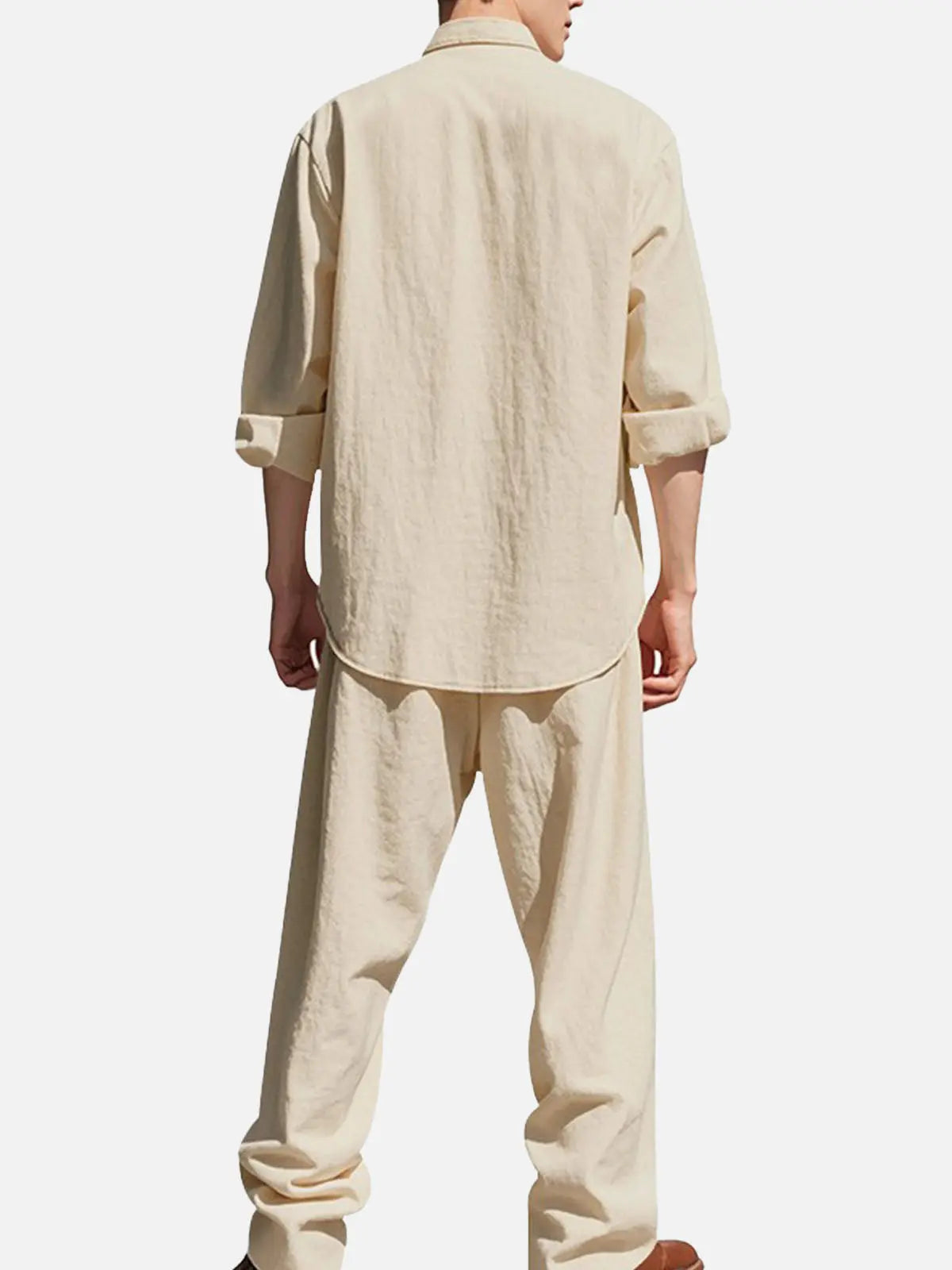 Men's Solid Color Linen Long Sleeve Elastic Waist Wide Leg Set Vacation Slow Living Linen Ensemble ElevenOasis