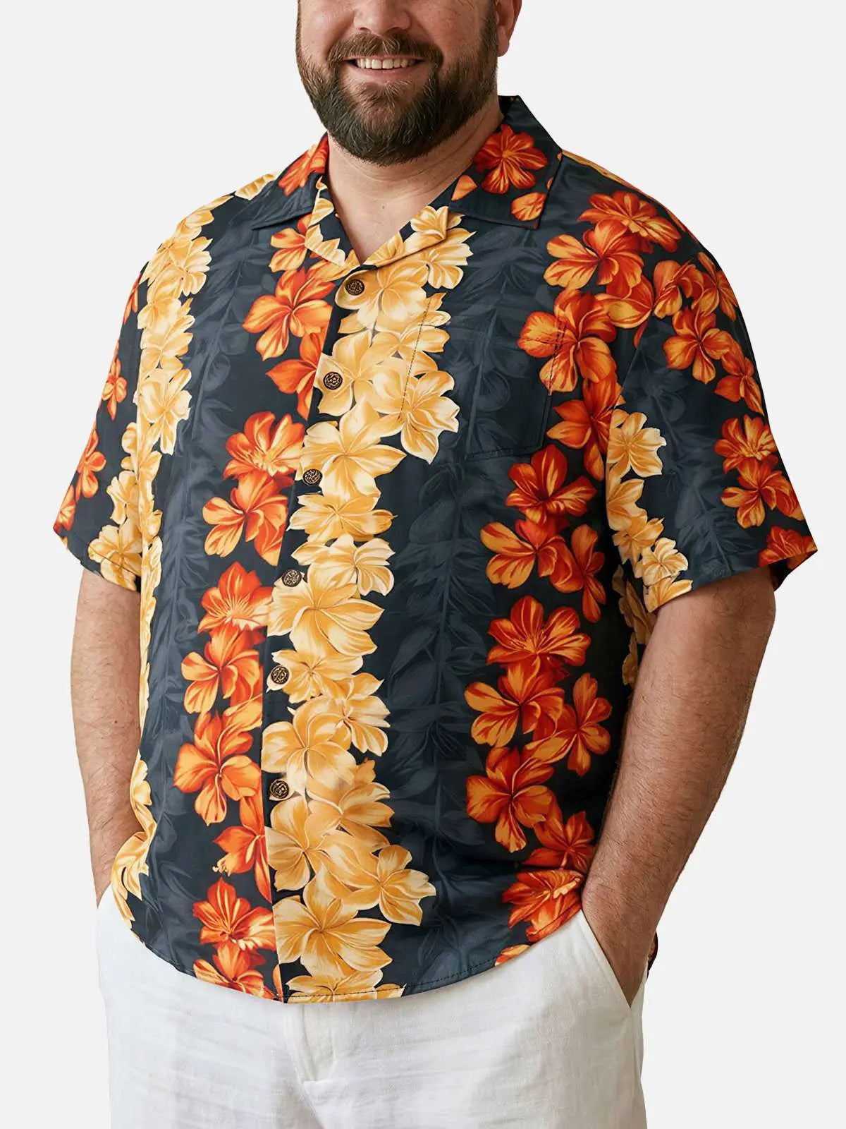 Tall Men's Tropical Floral Stripe Camp Collar Short Sleeve Shirt Eleven Oasis