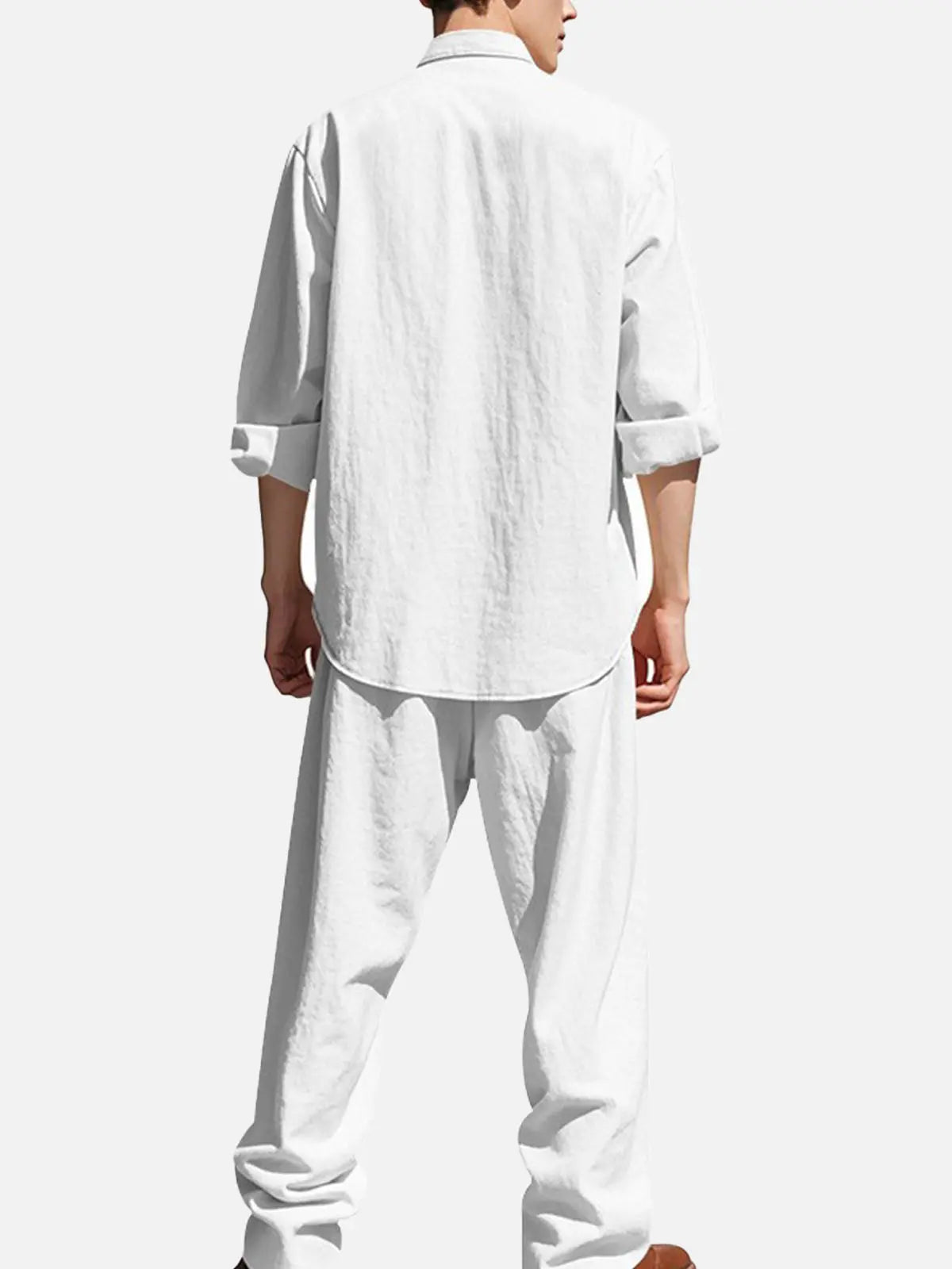 Men's Solid Color Linen Long Sleeve Elastic Waist Wide Leg Set Vacation Slow Living Linen Ensemble ElevenOasis