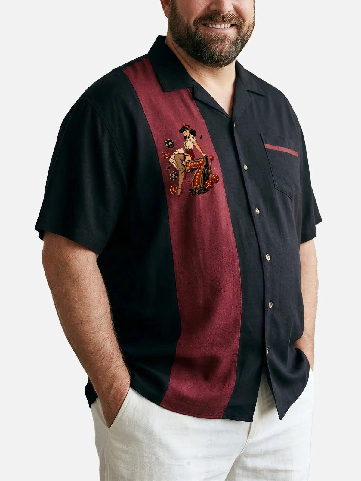 Tall Men's Pin-Up Poker Chip Panel Bowling Short Sleeve Shirt Eleven Oasis
