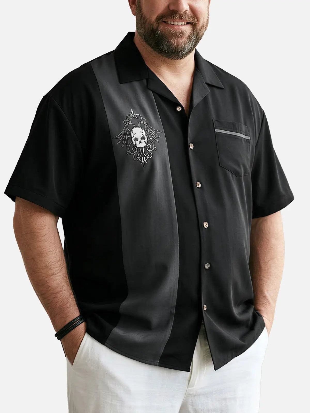 Tall Men's Rockabilly Skull Button Down Halloween Short Sleeve Shirt ElevenOasis