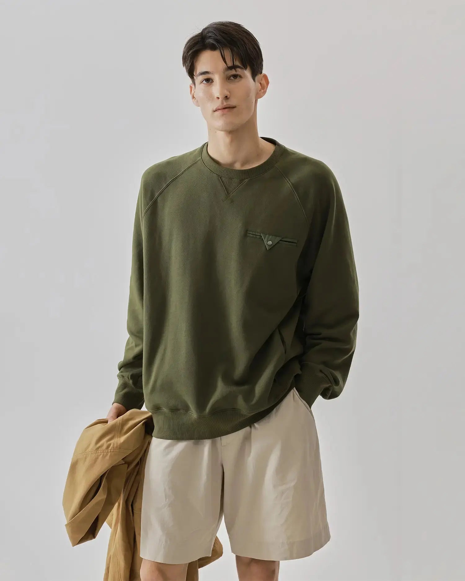 Men's Mixed Fabric Crew Sweatshirt in Military Green 07