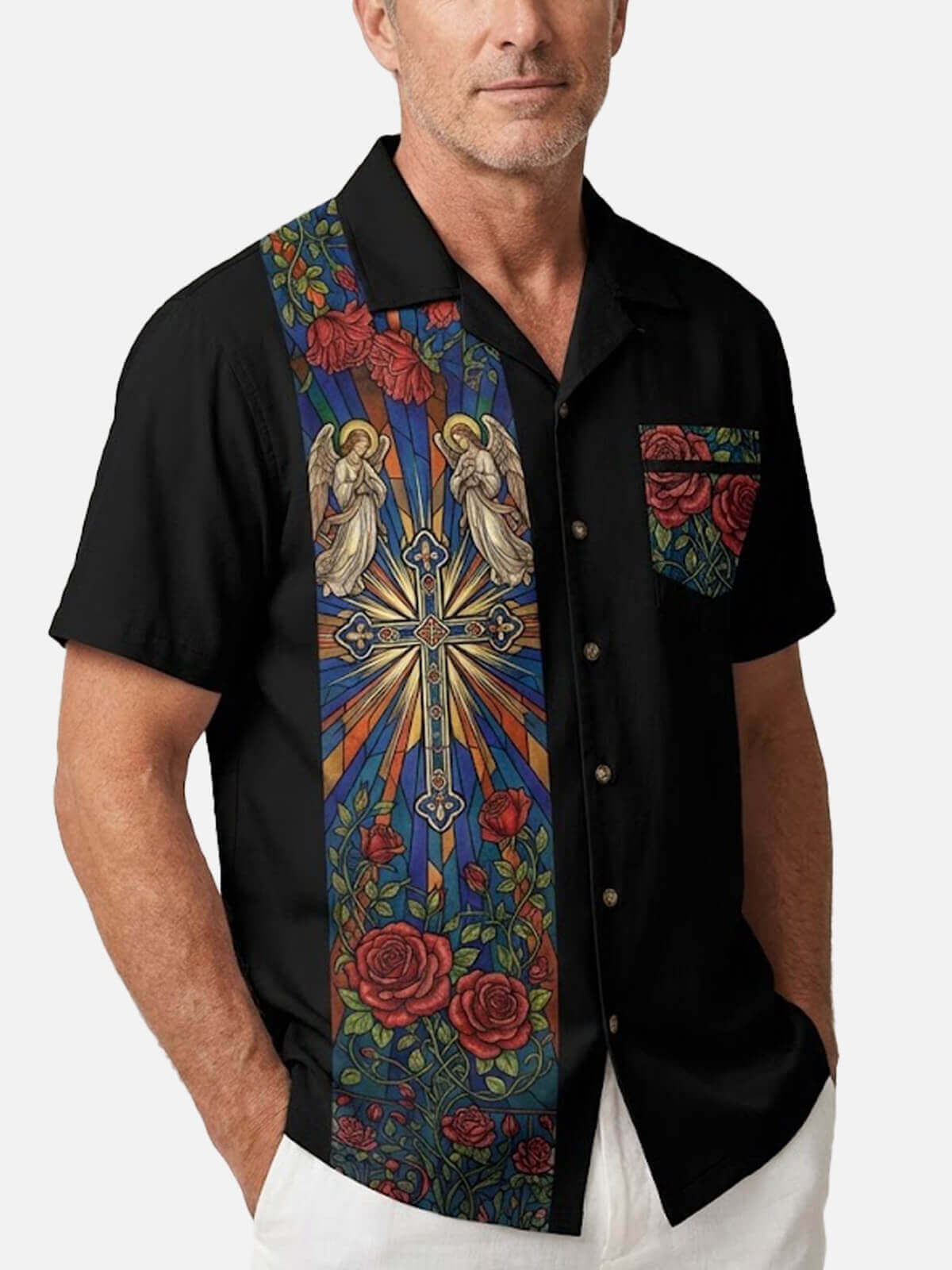 Tall Men's Sacred Rose Stained Glass Short Sleeve Shirt Eleven Oasis