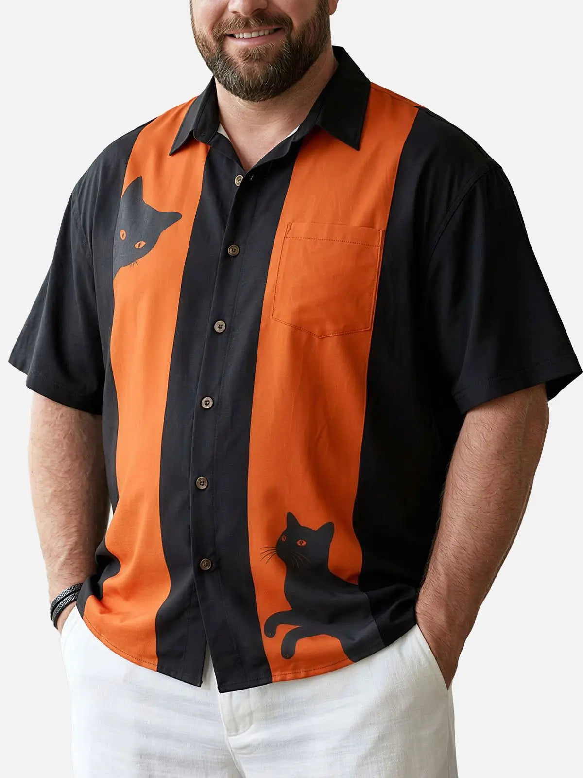 Tall Men's Black Cat Halloween Bowling Style Short Sleeve Shirt Eleven Oasis