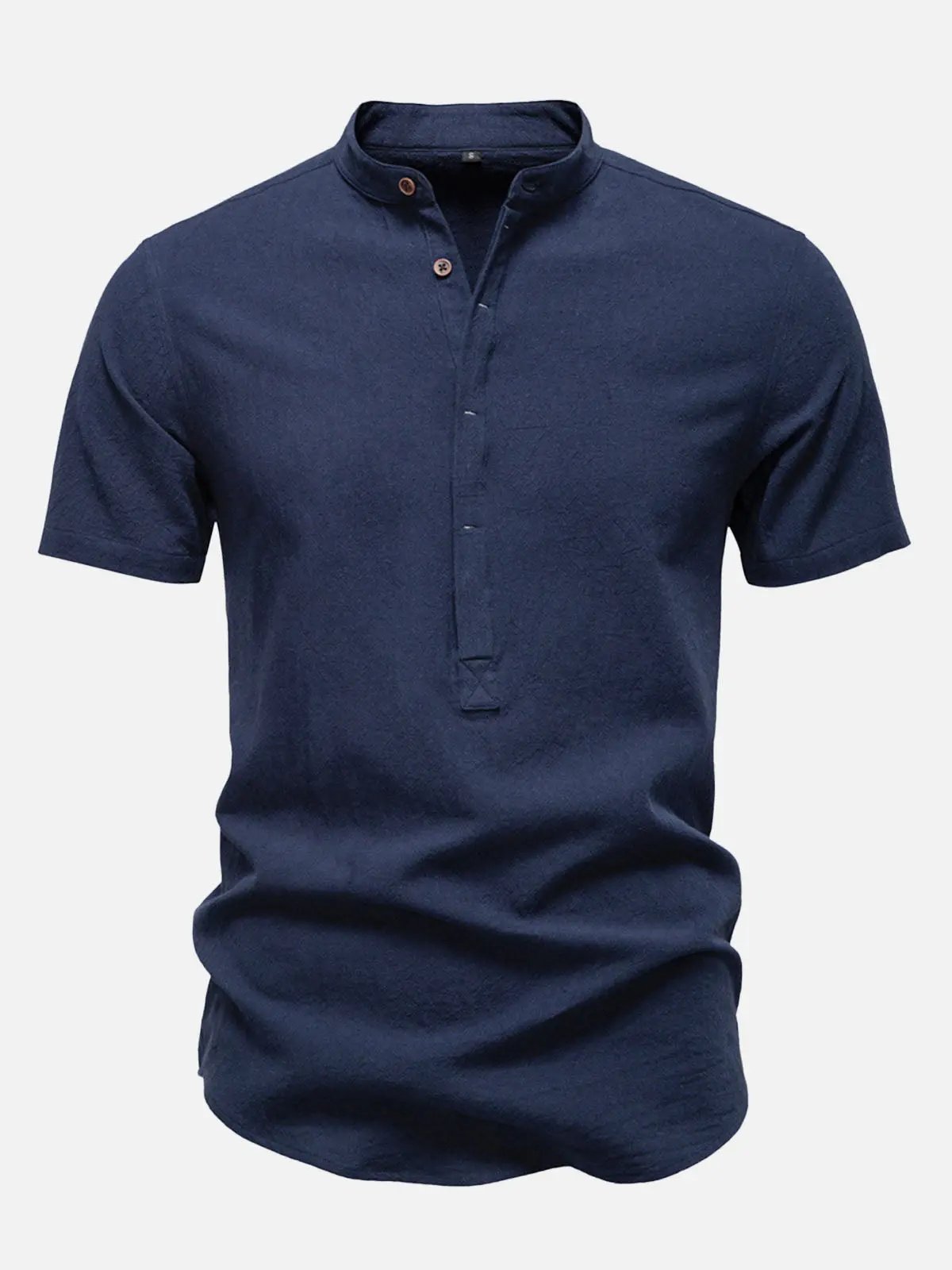 Men's Cotton Linen Band Collar Short Sleeve Shirt ElevenOasis