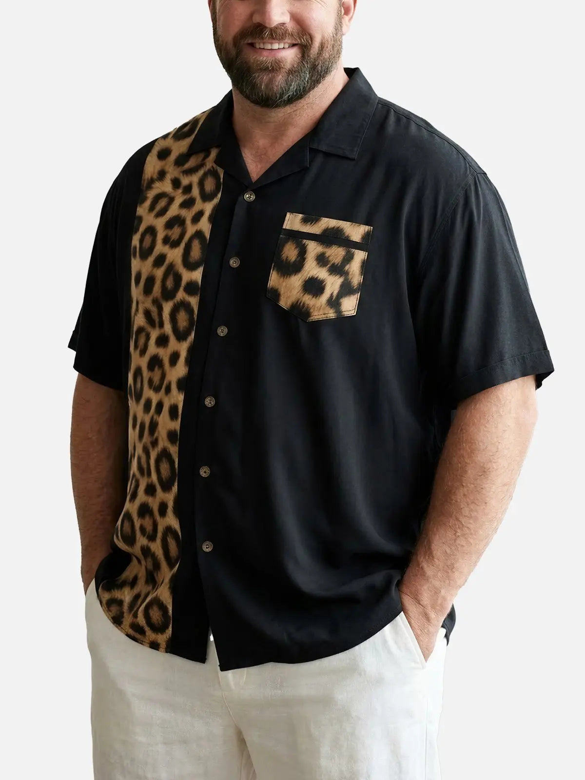 Tall Men's Leopard Print Panel Camp Collar Bowling Short Sleeve Shirt Eleven Oasis