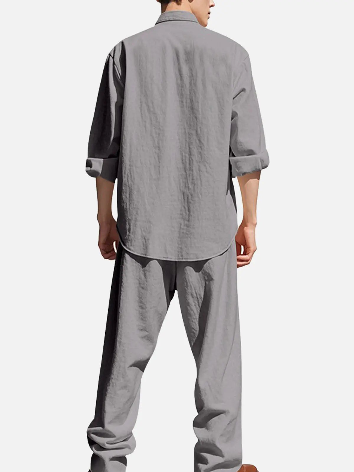 Men's Solid Color Linen Long Sleeve Elastic Waist Wide Leg Set Vacation Slow Living Linen Ensemble ElevenOasis