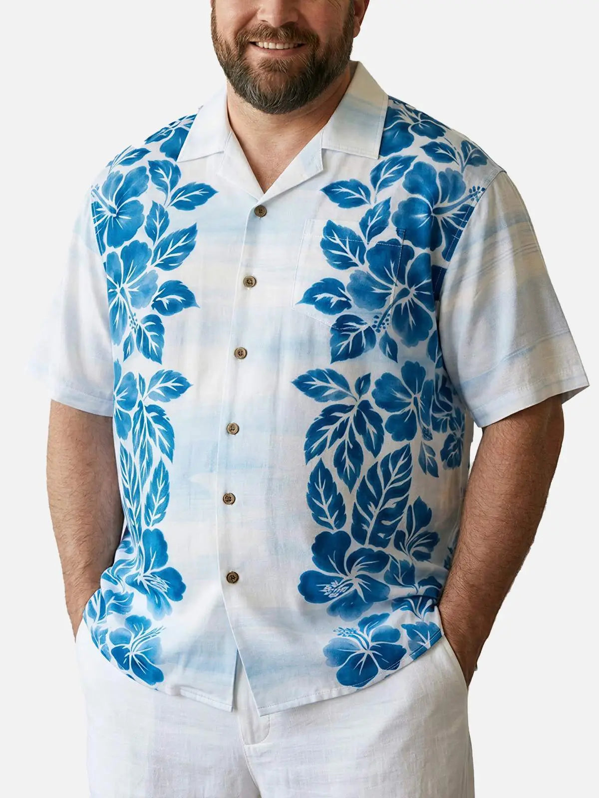 Tall Men's Hibiscus Panels Camp Collar Short Sleeve Shirt Eleven Oasis