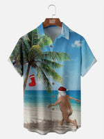 Men's Naked Santa Running on the Beach to a Christmas Stocking Palm Tree Short Sleeve Shirt ElevenOasis