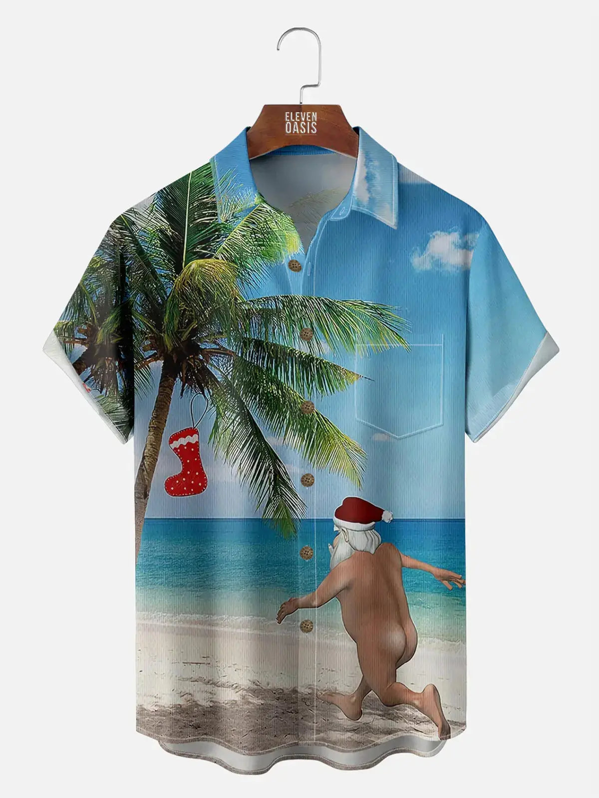 Men's Naked Santa Running on the Beach to a Christmas Stocking Palm Tree Short Sleeve Shirt ElevenOasis