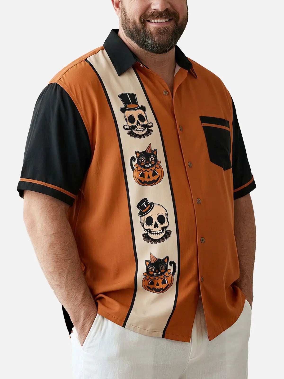 Tall Men's Vintage Skull and Pumpkin Halloween Short Sleeve Shirt Eleven Oasis