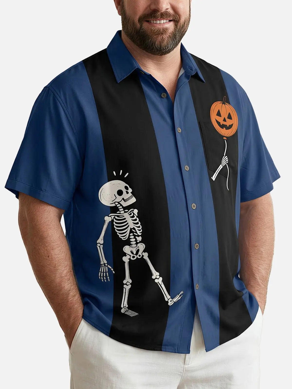 Tall Men's Skeleton Pumpkin Bowling Short Sleeve Shirt Eleven Oasis