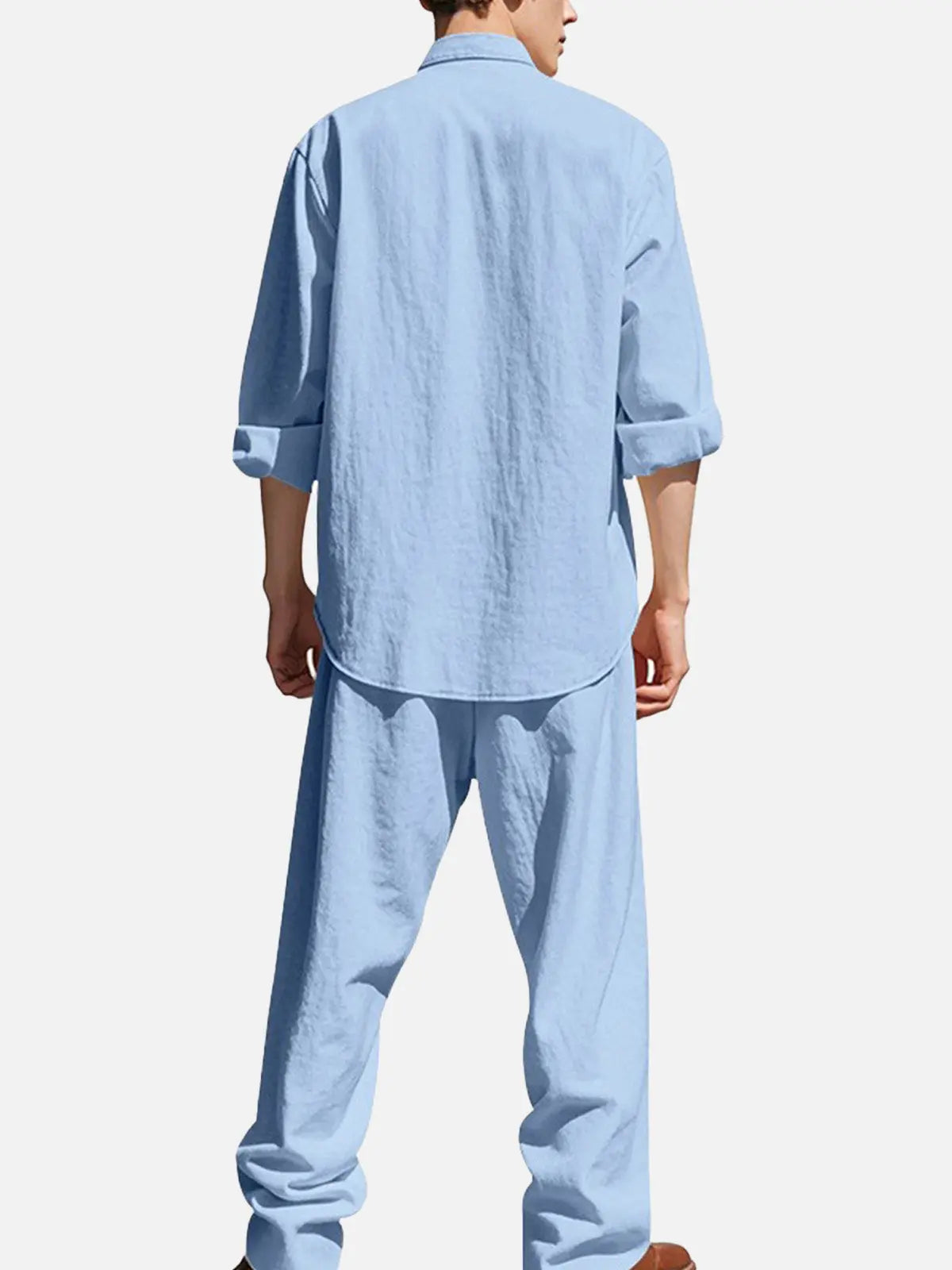 Men's Solid Color Linen Long Sleeve Elastic Waist Wide Leg Set Vacation Slow Living Linen Ensemble ElevenOasis