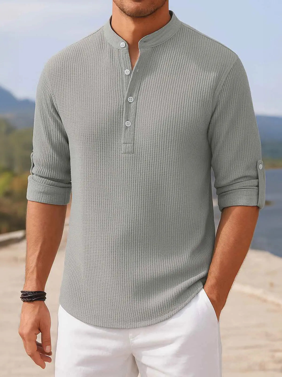 Men's Waffle Knit Henley Long Sleeve Shirt Eleven Oasis