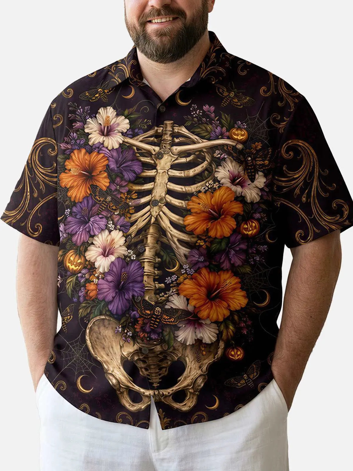 Tall Men's Floral Skeleton Halloween Short Sleeve Shirt Eleven Oasis