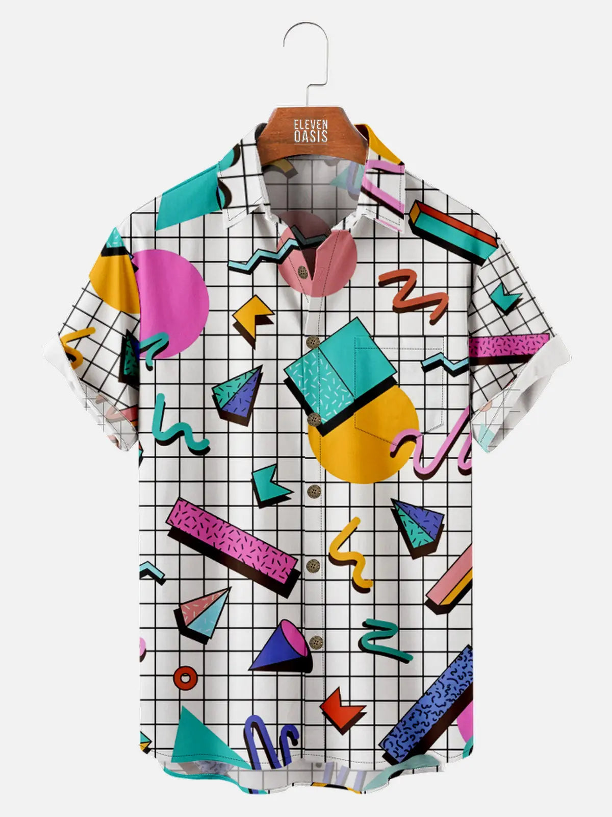 Men's Trapper Keeper Inspired Shapes Pattern Grid Short Sleeve Shirt, mens short sleeve shirts?¨º?big and tall mens shirts?¨º?short sleeve shirts for men?¨º?mens 4xl shirts?¨º?casual short sleeve shirts