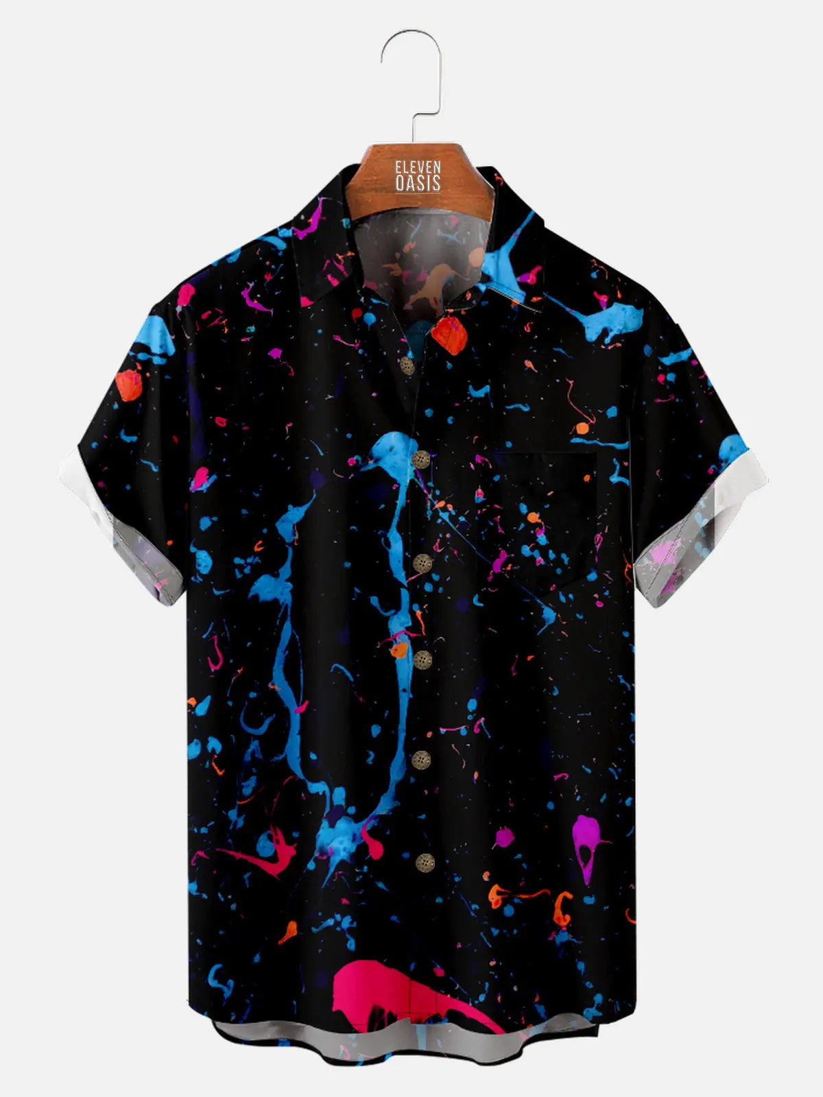 Men's Blue Red Pink Paint Splatter Pattern Short Sleeve Shirt, mens short sleeve shirts¡ê?big and tall mens shirts¡ê?short sleeve shirts for men¡ê?mens 4xl shirts¡ê?casual short sleeve shirts
