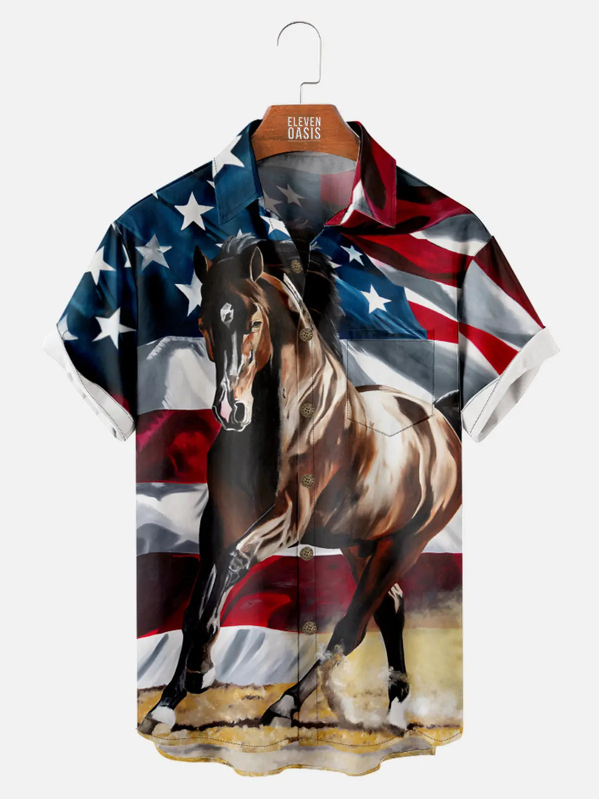 Men's Majestic Horse with Stars and Stripes USA Flag in the Background Short Sleeve Shirt, mens short sleeve shirts?¨º?big and tall mens shirts?¨º?short sleeve shirts for men?¨º?mens 4xl shirts?¨º?casual short sleeve shirts